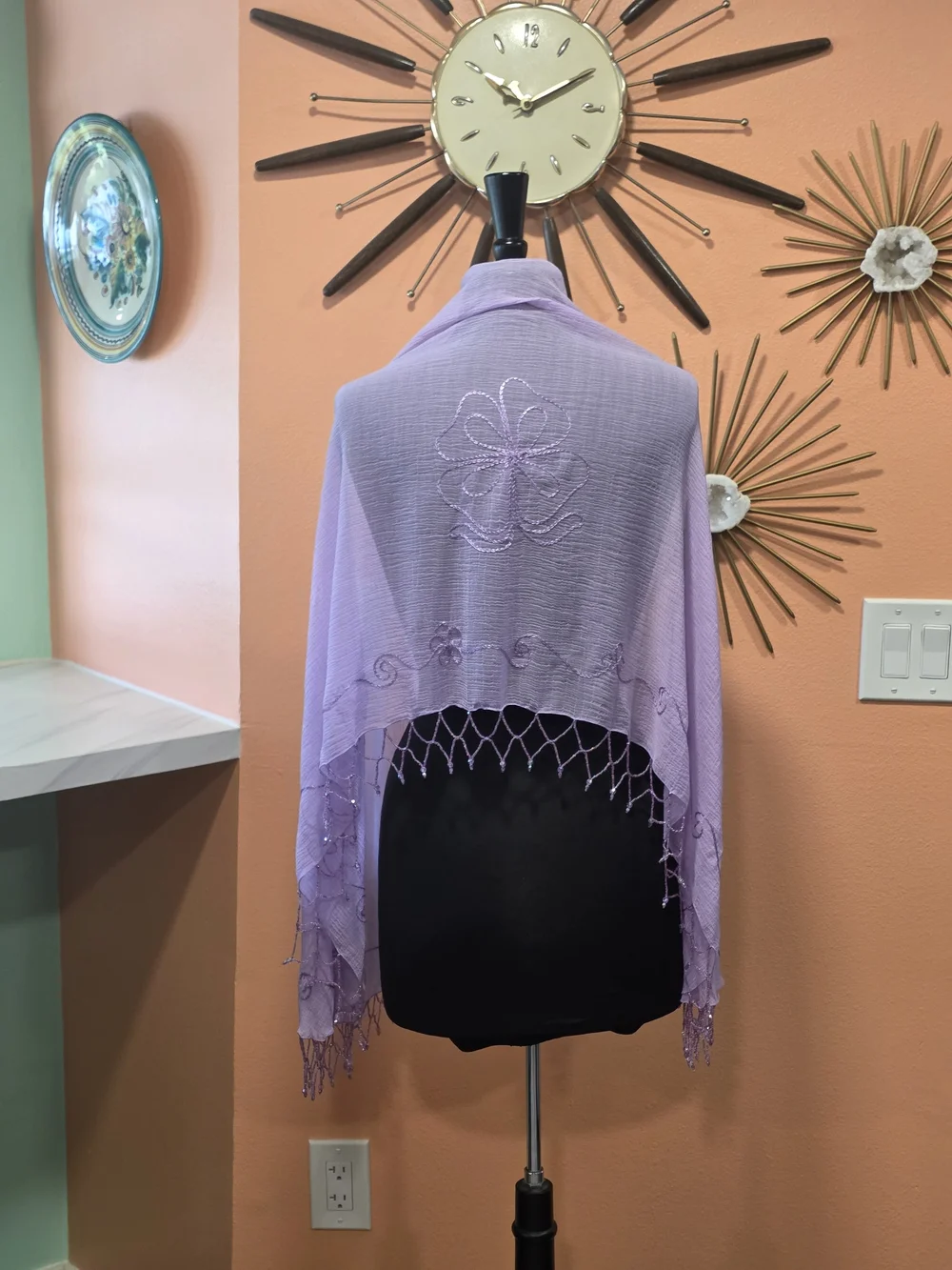 Vintage Y2K Sheer Shawl Lavender Embroidered Wrap Scarf Beaded Fringe
